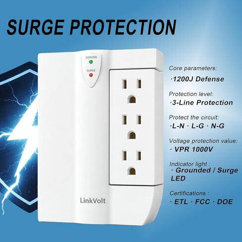 قطاع الطاقة الواقي من LINKVOLT مع 6 منافذ تيار متردد ومنفذي USB-A، حماية من زيادة التيار 1200J، منافذ دوارة 90 درجة، شحن USB 18 وات، مدرج ETL، سلك تمديد بطول 5 أقدام للمكتب المنزلي in Kuwait