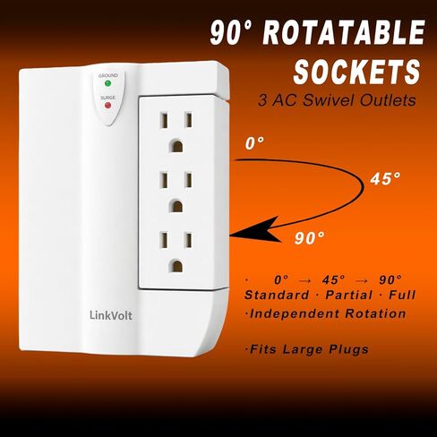 قطاع الطاقة الواقي من LINKVOLT مع 6 منافذ تيار متردد ومنفذي USB-A، حماية من زيادة التيار 1200J، منافذ دوارة 90 درجة، شحن USB 18 وات، مدرج ETL، سلك تمديد بطول 5 أقدام للمكتب المنزلي in Kuwait
