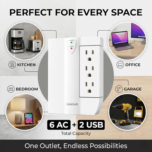 قطاع الطاقة الواقي من LINKVOLT مع 6 منافذ تيار متردد ومنفذي USB-A، حماية من زيادة التيار 1200J، منافذ دوارة 90 درجة، شحن USB 18 وات، مدرج ETL، سلك تمديد بطول 5 أقدام للمكتب المنزلي in Kuwait