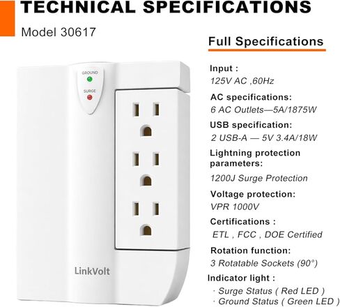 قطاع الطاقة الواقي من LINKVOLT مع 6 منافذ تيار متردد ومنفذي USB-A، حماية من زيادة التيار 1200J، منافذ دوارة 90 درجة، شحن USB 18 وات، مدرج ETL، سلك تمديد بطول 5 أقدام للمكتب المنزلي in Kuwait
