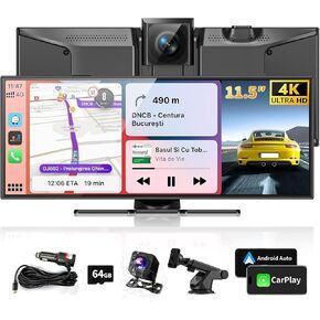 أكبر شاشة Carplay محمولة مقاس 11.5 بوصة للسيارة، تشغيل السيارة اللاسلكية بدقة 4K ونظام Android Auto، ترقية شاشة اللمس مع كاميرا داش، التحكم في التطبيق/التسجيل الحلقي/الكاميرا الاحتياطية/وصلة المرآة/نظام تحديد المواقع العالمي/FM لجميع المركبات in Kuwait