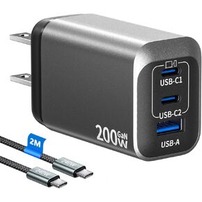 كتلة شحن USB C بقوة 200 وات، شاحن 3 منافذ PD 100 وات GaN، محور محطة شحن سريع متعدد المنافذ لأجهزة متعددة، متوافق مع أجهزة MacBook/iPad/iPhone/الكمبيوتر المحمول/Galaxy/Android مع كابل 2M C-C in Kuwait