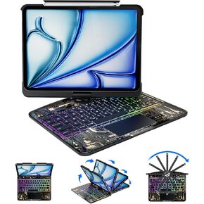 حافظة لوحة المفاتيح لجهاز Pad Air 13 بوصة وiPad Pro 12.9 بوصة، حافظة لوحة مفاتيح شفافة مع لوحة تتبع متعددة اللمس، حامل دوار 360 درجة، حامل أقلام، شاشة عرض البطارية، أسود in Kuwait