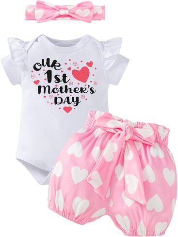 Our 1st Mothers 's Day-Happy Mother's Day Baby Girl Clothes Summer Short Sleeve Rompers Shorts With Headband in Saudi Arabia