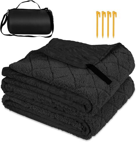 Waterproof Camping Blanket with Sherpa Lining 67"X 87", Large Outdoor Blankets for Camping for Cold Weather, Windproof Stadium Blanket for Sports, Car, Picnic, Adults, Machine Washable, (Black, 1PCS) in Kuwait