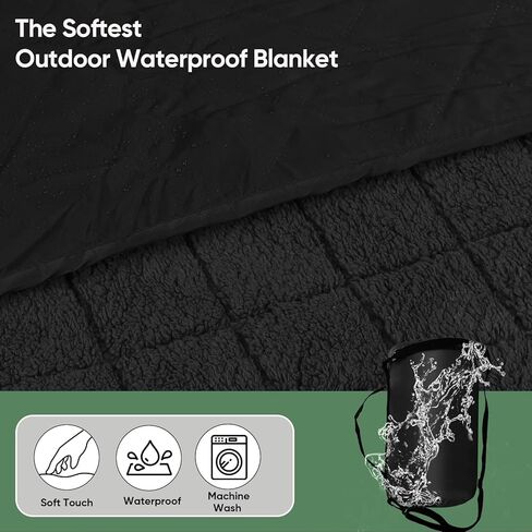 Waterproof Camping Blanket with Sherpa Lining 67"X 87", Large Outdoor Blankets for Camping for Cold Weather, Windproof Stadium Blanket for Sports, Car, Picnic, Adults, Machine Washable, (Black, 1PCS) in Kuwait