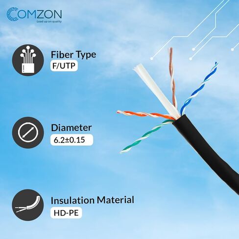 COMZON Shielded Cat6a Ethernet Cable, 10 Gigabit Stranded, F/UTP, POE Compliant, 500Mhz, 26 AWG, Spool, 1000 Foot, Black in Kuwait
