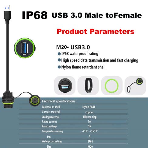 3.3ft M20 IP68 كابل تمديد USB 3.0 مقاوم للماء، 5 جيجا بايت في الثانية USB ذكر إلى أنثى يمر عبر محول موسع لوحة القيادة سلك تثبيت على لوحة القيادة للسيارات والشاحنات والدراجات النارية والقوارب واليخوت in Kuwait