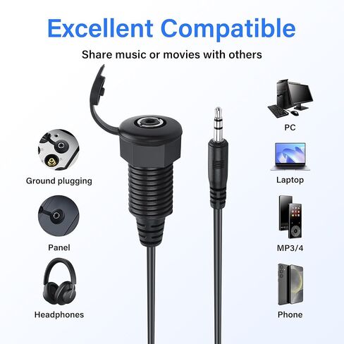3.5mm TRS Stereo Panel Mount Audio Cable，3.5mm 1/8" TRS Male to Female Embedded Threaded Fixed Waterproof Stereo Adapter Cable for Headphones Microphones Speakers（0.3M/1FT） in Kuwait