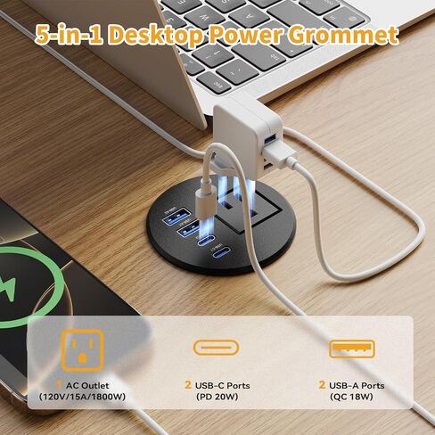 حلقة تثبيت طاقة للمكتب مقاس 2.5 بوصة، حلقة تثبيت طاقة مجوفة مع 20 وات USB C، منفذ واحد، مخرج طاقة مثبت على سطح المكتب لطاولة أثاث غرفة الاجتماعات بسطح المكتب، أسود in Kuwait