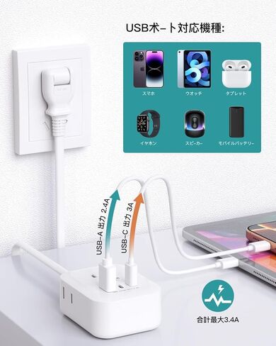 Travel Extension Cord 2 Meter, Foldable Plug Power Strip, 3 Widely Outlets with 3 USB Ports (2 USB C), 3 Side Outlet Extender with Extension Cord with no Surge for Home, Office, Dorm Room Essentials in Kuwait