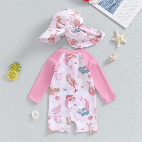 Baby Girl's Bathing Suit Set, Sea Shell Print Long Sleeve Rash Guard Swimsuit Wide Brim Sun Hat Infant Toddler Beachwear in Saudi Arabia