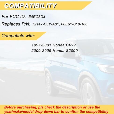 Vurkcy Key Fob Replacement for 1997-2001 Honda CR-V/ 00-09 S2000 Car Keyless Entry Remote Control, E4EG8DJ, 4 Buttons in Kuwait