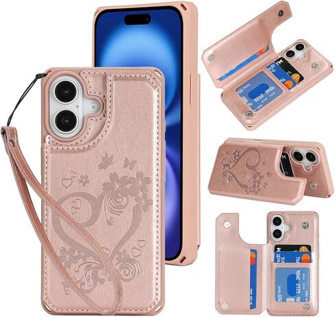 حافظة iCoverCase متوافقة مع حافظة هاتف iPhone 16 مع حامل بطاقات للنساء، حافظة بحزام معصم من جلد البولي يوريثان المنقوش بحجب RFID (قلب ذهبي) in Kuwait