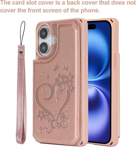 حافظة iCoverCase متوافقة مع حافظة هاتف iPhone 16 مع حامل بطاقات للنساء، حافظة بحزام معصم من جلد البولي يوريثان المنقوش بحجب RFID (قلب ذهبي) in Kuwait