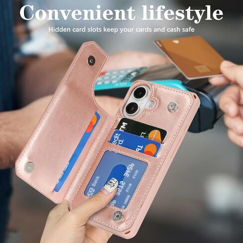 حافظة iCoverCase متوافقة مع حافظة هاتف iPhone 16 مع حامل بطاقات للنساء، حافظة بحزام معصم من جلد البولي يوريثان المنقوش بحجب RFID (قلب ذهبي) in Kuwait