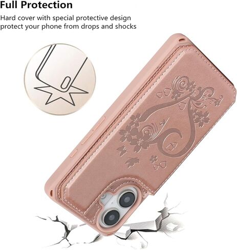 حافظة iCoverCase متوافقة مع حافظة هاتف iPhone 16 مع حامل بطاقات للنساء، حافظة بحزام معصم من جلد البولي يوريثان المنقوش بحجب RFID (قلب ذهبي) in Kuwait