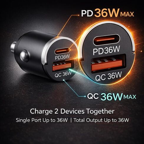 شاحن سيارة USB C شحن سريع، محول شاحن سيارة بمنفذ مزدوج 36 وات، PD 36 وات USB C & QC USB A، شاحن سيارة صغير من الألومنيوم لهاتف iPhone 17/16/15 وSamsung وHuawei وiPad وAirPods in Kuwait