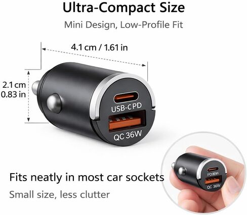 شاحن سيارة USB C شحن سريع، محول شاحن سيارة بمنفذ مزدوج 36 وات، PD 36 وات USB C & QC USB A، شاحن سيارة صغير من الألومنيوم لهاتف iPhone 17/16/15 وSamsung وHuawei وiPad وAirPods in Kuwait