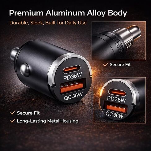 شاحن سيارة USB C شحن سريع، محول شاحن سيارة بمنفذ مزدوج 36 وات، PD 36 وات USB C & QC USB A، شاحن سيارة صغير من الألومنيوم لهاتف iPhone 17/16/15 وSamsung وHuawei وiPad وAirPods in Kuwait