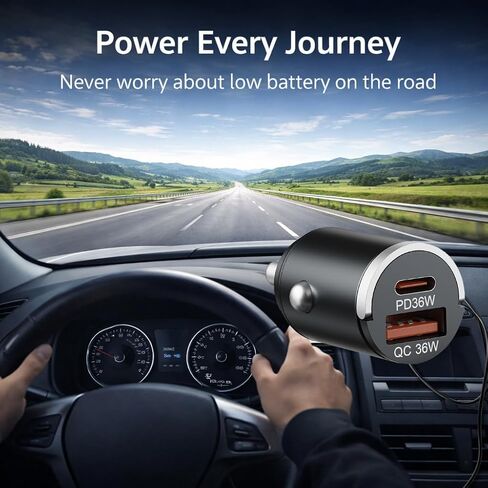 شاحن سيارة USB C شحن سريع، محول شاحن سيارة بمنفذ مزدوج 36 وات، PD 36 وات USB C & QC USB A، شاحن سيارة صغير من الألومنيوم لهاتف iPhone 17/16/15 وSamsung وHuawei وiPad وAirPods in Kuwait