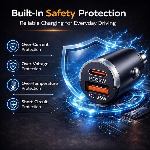 شاحن سيارة USB C شحن سريع، محول شاحن سيارة بمنفذ مزدوج 36 وات، PD 36 وات USB C & QC USB A، شاحن سيارة صغير من الألومنيوم لهاتف iPhone 17/16/15 وSamsung وHuawei وiPad وAirPods in Kuwait
