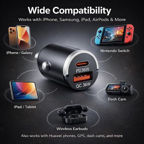 شاحن سيارة USB C شحن سريع، محول شاحن سيارة بمنفذ مزدوج 36 وات، PD 36 وات USB C & QC USB A، شاحن سيارة صغير من الألومنيوم لهاتف iPhone 17/16/15 وSamsung وHuawei وiPad وAirPods in Kuwait