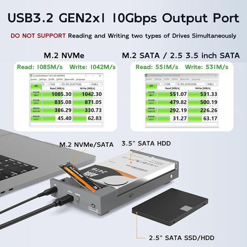 MAIWO Dual Bay Enclosure for M.2 NVMe SATA SSD and 2.5 3.5 inch SATA SSD HDD, External Hard Drive to USB C Adapter, 10Gbps 32TB Capacity【DO NOT Support Clone】 in Kuwait