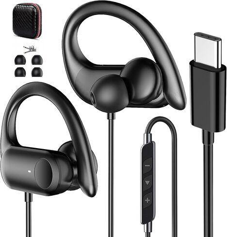 سماعات أذن USB C سلكية فوق الأذن لهاتف iPhone 17 16 Pro Max 16e 15/Samsung S26 S25 Ultra S24 S23 A16، سماعات أذن سلكية مع خطافات أذن Mirophone، سماعة رأس رياضية للجري من النوع C لجهاز iPad 10 11 Air/Android in Kuwait