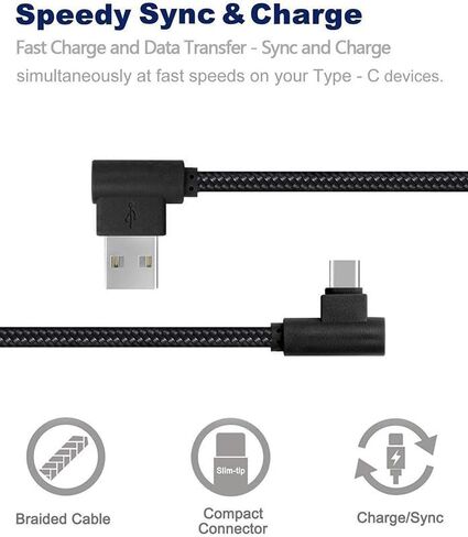 2 حزمة كابل USB من النوع C بطول 3 أقدام (1 متر)، زاوية 90 درجة، سلك شحن طويل مجدول من النايلون، كابل شاحن USB من النوع A إلى C للهواتف الذكية والكمبيوتر اللوحي (أسود) in Kuwait