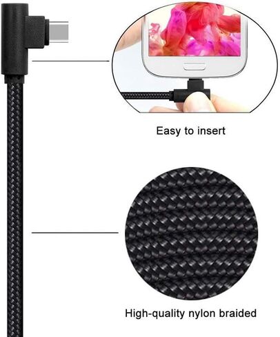 2 حزمة كابل USB من النوع C بطول 3 أقدام (1 متر)، زاوية 90 درجة، سلك شحن طويل مجدول من النايلون، كابل شاحن USB من النوع A إلى C للهواتف الذكية والكمبيوتر اللوحي (أسود) in Kuwait
