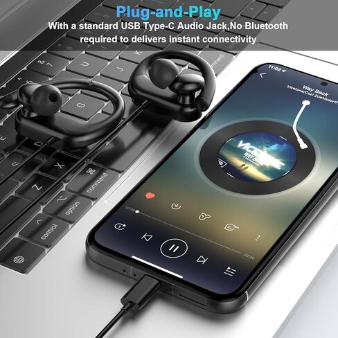 سماعات أذن USB C سلكية فوق الأذن لهاتف iPhone 17 16 Pro Max 16e 15/Samsung S26 S25 Ultra S24 S23 A16، سماعات أذن سلكية مع خطافات أذن Mirophone، سماعة رأس رياضية للجري من النوع C لجهاز iPad 10 11 Air/Android in Kuwait