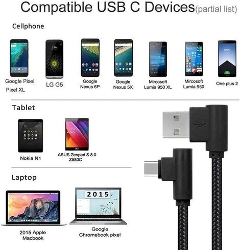 2 حزمة كابل USB من النوع C بطول 3 أقدام (1 متر)، زاوية 90 درجة، سلك شحن طويل مجدول من النايلون، كابل شاحن USB من النوع A إلى C للهواتف الذكية والكمبيوتر اللوحي (أسود) in Kuwait