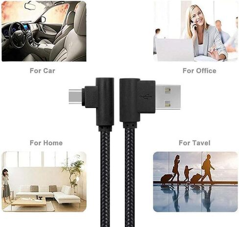 2 حزمة كابل USB من النوع C بطول 3 أقدام (1 متر)، زاوية 90 درجة، سلك شحن طويل مجدول من النايلون، كابل شاحن USB من النوع A إلى C للهواتف الذكية والكمبيوتر اللوحي (أسود) in Kuwait