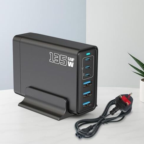 135W 6-Port USB C Charger with Notched Base, Multiple with 3 USB-C and 3 USB-A, UK Fast Charger PD 2.0 Power Adapter, Power Supply Compatible with iPhone 17 16 15 14 Pro/Pro Max, iPad in Kuwait