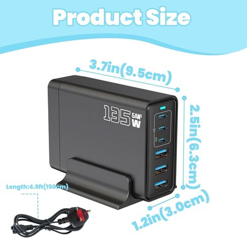 135W 6-Port USB C Charger with Notched Base, Multiple with 3 USB-C and 3 USB-A, UK Fast Charger PD 2.0 Power Adapter, Power Supply Compatible with iPhone 17 16 15 14 Pro/Pro Max, iPad in Kuwait