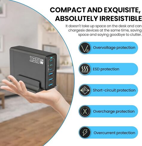 135W 6-Port USB C Charger with Notched Base, Multiple with 3 USB-C and 3 USB-A, UK Fast Charger PD 2.0 Power Adapter, Power Supply Compatible with iPhone 17 16 15 14 Pro/Pro Max, iPad in Kuwait