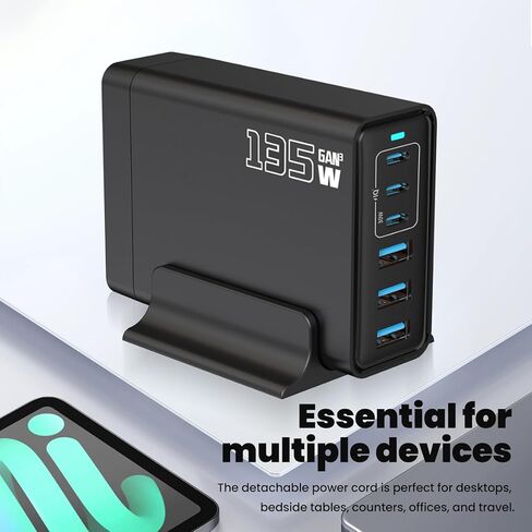 135W 6-Port USB C Charger with Notched Base, Multiple with 3 USB-C and 3 USB-A, UK Fast Charger PD 2.0 Power Adapter, Power Supply Compatible with iPhone 17 16 15 14 Pro/Pro Max, iPad in Kuwait