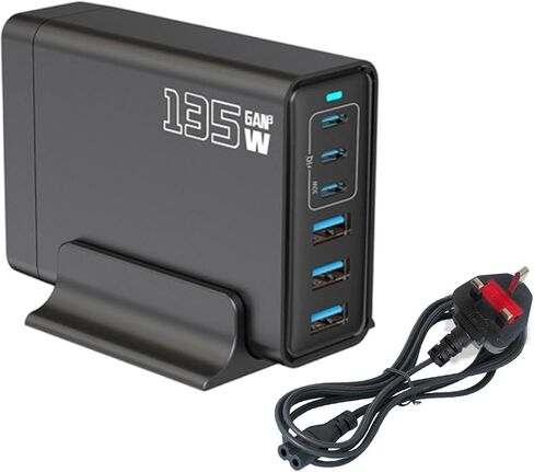135W 6-Port USB C Charger with Notched Base, Multiple with 3 USB-C and 3 USB-A, UK Fast Charger PD 2.0 Power Adapter, Power Supply Compatible with iPhone 17 16 15 14 Pro/Pro Max, iPad in Kuwait