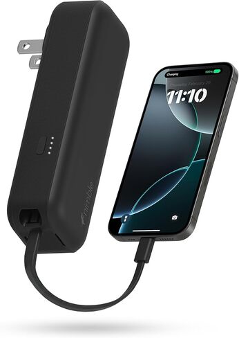 Nimble Wally Pro 20، شاحن حائط محمول 2 في 1 + بنك طاقة بقدرة 5000 مللي أمبير في الساعة مع قابس قابل للطي، وكابل USB-C مدمج، وحزمة بطارية شحن سريع بقدرة 20 وات لأجهزة iPhone وSamsung Galaxy وiPad وUSB-C in Kuwait