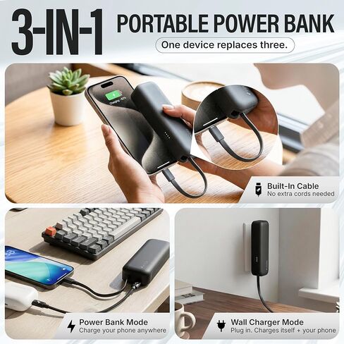 Nimble Wally Pro 20، شاحن حائط محمول 2 في 1 + بنك طاقة بقدرة 5000 مللي أمبير في الساعة مع قابس قابل للطي، وكابل USB-C مدمج، وحزمة بطارية شحن سريع بقدرة 20 وات لأجهزة iPhone وSamsung Galaxy وiPad وUSB-C in Kuwait