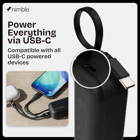 Nimble Wally Pro 20، شاحن حائط محمول 2 في 1 + بنك طاقة بقدرة 5000 مللي أمبير في الساعة مع قابس قابل للطي، وكابل USB-C مدمج، وحزمة بطارية شحن سريع بقدرة 20 وات لأجهزة iPhone وSamsung Galaxy وiPad وUSB-C in Kuwait