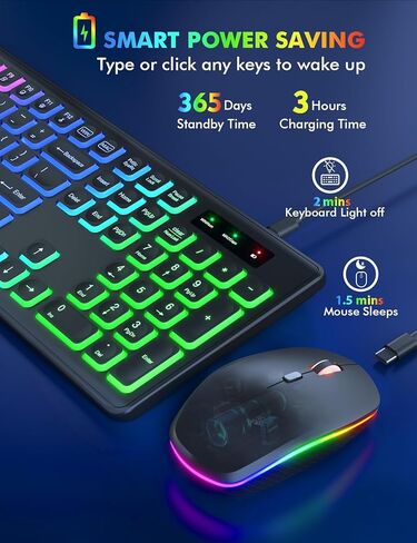 مجموعة مكونة من 2 لوحة مفاتيح وماوس لاسلكية - إضاءة خلفية RGB، حروف قابلة لإعادة الشحن والإضاءة، حجم كامل، زاوية إمالة مريحة، وضع السكون، ماوس لوحة مفاتيح هادئ 2.4 جيجا هرتز لأجهزة Mac، Windows، الكمبيوتر المحمول، الكمبيوتر الشخصي، Trueque in Kuwait