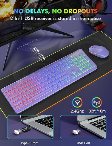 مجموعة مكونة من 2 لوحة مفاتيح وماوس لاسلكية - إضاءة خلفية RGB، حروف قابلة لإعادة الشحن والإضاءة، حجم كامل، زاوية إمالة مريحة، وضع السكون، ماوس لوحة مفاتيح هادئ 2.4 جيجا هرتز لأجهزة Mac، Windows، الكمبيوتر المحمول، الكمبيوتر الشخصي، Trueque in Kuwait