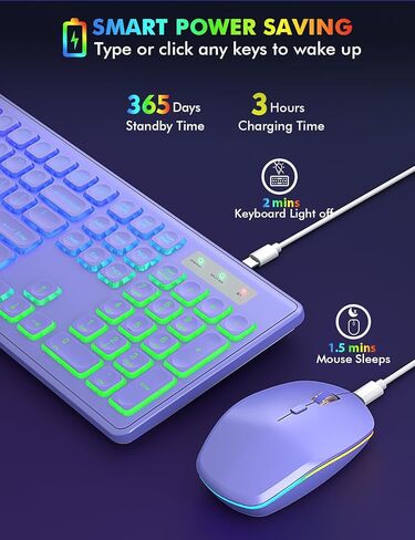 مجموعة مكونة من 2 لوحة مفاتيح وماوس لاسلكية - إضاءة خلفية RGB، حروف قابلة لإعادة الشحن والإضاءة، حجم كامل، زاوية إمالة مريحة، وضع السكون، ماوس لوحة مفاتيح هادئ 2.4 جيجا هرتز لأجهزة Mac، Windows، الكمبيوتر المحمول، الكمبيوتر الشخصي، Trueque in Kuwait