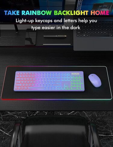 مجموعة مكونة من 2 لوحة مفاتيح وماوس لاسلكية - إضاءة خلفية RGB، حروف قابلة لإعادة الشحن والإضاءة، حجم كامل، زاوية إمالة مريحة، وضع السكون، ماوس لوحة مفاتيح هادئ 2.4 جيجا هرتز لأجهزة Mac، Windows، الكمبيوتر المحمول، الكمبيوتر الشخصي، Trueque in Kuwait