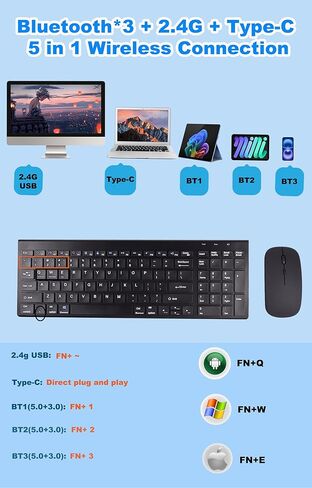 مجموعة كومبو لوحة مفاتيح وماوس لاسلكية، ثلاثة بلوتوث و2.4 جيجا هرتز وUSB C، ماوس نحيف قابل لإعادة الشحن وصغير الحجم لاسلكي صامت 1600 نقطة في البوصة للكمبيوتر، ماك، مايكروسوفت، الكمبيوتر الشخصي، الكمبيوتر المحمول، iPad، مسطح، QWERTY US in Kuwait
