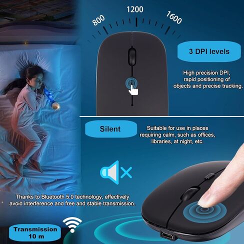 مجموعة كومبو لوحة مفاتيح وماوس لاسلكية، ثلاثة بلوتوث و2.4 جيجا هرتز وUSB C، ماوس نحيف قابل لإعادة الشحن وصغير الحجم لاسلكي صامت 1600 نقطة في البوصة للكمبيوتر، ماك، مايكروسوفت، الكمبيوتر الشخصي، الكمبيوتر المحمول، iPad، مسطح، QWERTY US in Kuwait