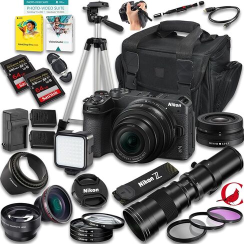 كاميرا Nikon Z30 بدون مرآة مع عدسة Z DX مقاس 16-50 مم f/3.5-6.3 VR وعدسة تليفوتوغرافي يدوية فائقة الدقة مقاس 420-800 مم f/8 + ذاكرة سعة 128 جيجابايت + بطارية إضافية + حقيبة كاميرا + المزيد (حزمة مكونة من 30 قطعة) in Kuwait