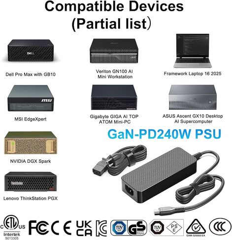 شاحن HKY 240W USB C 48V/5A 36V/5A 180W GaN PD3.1 مع كابل USB-C قابل للفصل للكمبيوتر المحمول الإطار 16 (2025)، NVIDIA DGX Spark، Thunderbolt 5 AI PC كمبيوتر محمول للألعاب، روبوت والمزيد من الأجهزة عالية الأداء in Kuwait